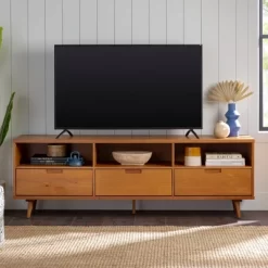 Cara 3 Drawer Mid-Century Modern 3 Drawer TV Stand For TVs Up To 80" - Saracina Home -Chic Furniture Store GUEST 4d0aac2c 9b89 4300 b722 f3e9cc07eded