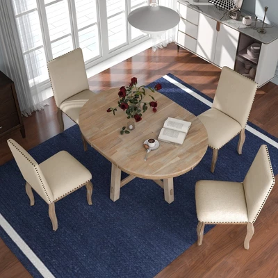 5 PCS Round Wood Extendable Dining Table Set With 4 Upholstered Dining Chairs-ModernLuxe 3 5 PCS Round Wood Extendable Dining Table Set With 4 Upholstered Dining Chairs-ModernLuxe