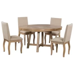 5 PCS Round Wood Extendable Dining Table Set With 4 Upholstered Dining Chairs-ModernLuxe 21 5 PCS Round Wood Extendable Dining Table Set With 4 Upholstered Dining Chairs-ModernLuxe -Chic Furniture Store GUEST 62a0d22f 09b3 4f40 a197 cc20893dc552