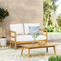 2pc Ellendale Outdoor Acacia Wood Loveseat & Coffee Table Teak/White - Christopher Knight Home -Chic Furniture Store GUEST 9ddc2f44 7148 4835 9506 0e11e536546a