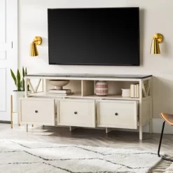 Farmhouse 3 Drawer Wood TV Stand For TVs Up To 65" - Saracina Home -Chic Furniture Store GUEST acf328b1 4981 4fb4 9c99 669678336b76