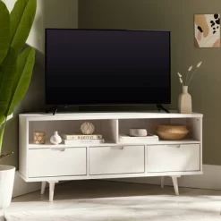 Cara Mid-Century Modern 3 Drawer Corner TV Stand For TVs Up To 58" - Saracina Home 24 Cara Mid-Century Modern 3 Drawer Corner TV Stand For TVs Up To 58" - Saracina Home -Chic Furniture Store GUEST b1ff3a9a 60ef 41ec 9a6f f1ca309dd560