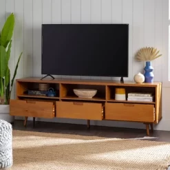 Cara 3 Drawer Mid-Century Modern 3 Drawer TV Stand For TVs Up To 80" - Saracina Home -Chic Furniture Store GUEST b7160973 1c5a 4aa1 ad9a e32bedffb8a0